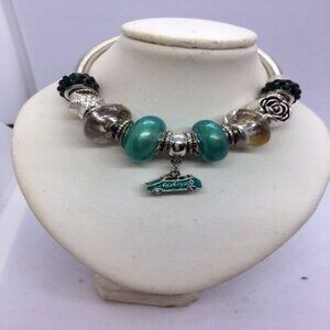 Stunning Silver Twist Bracelet with Green  and Silver Beads and Car Charm
